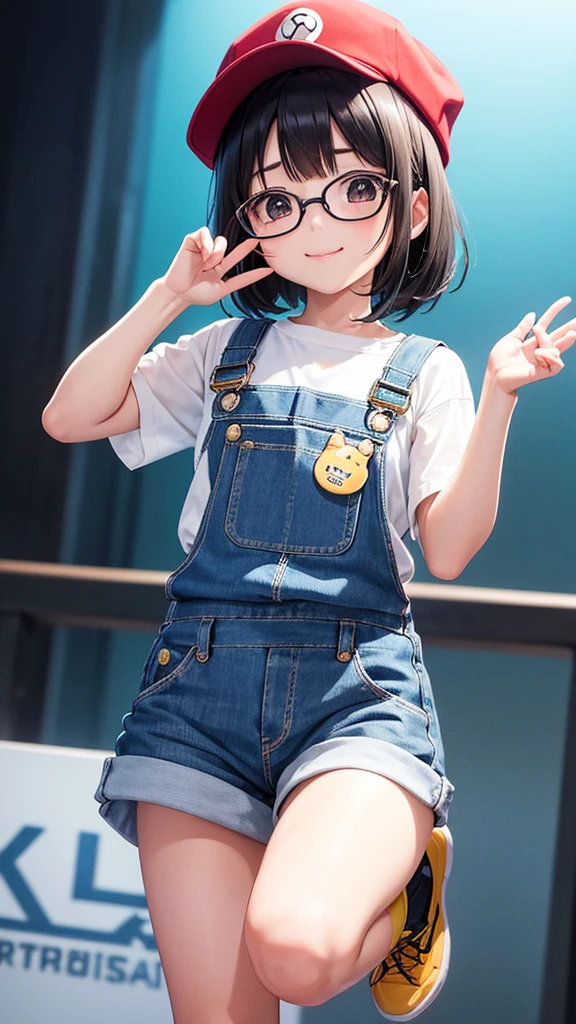 Body Type: 小柄でやや丸みを帯びたBody Type。Overall it's cute、Gives a slightly childish impression。
• Face shape: Round face。Plump cheeks。
• eye: Big, round eyes。The eyes are black、Sparkling like an anime character。
• Eyebrow: Narrow and arched。gently、Gives a cute impression。
• nose: smallて丸い。
• mouth: small、When you smile, both ends rise up.。She has a bright and cheerful smile。
•hairdo: With short black hair、The bangs are blunt。
•clothing: Wearing large round glasses。Wearing a red cap、In front of the cap「Arare」it is written like this。Blue overalls and white T-shirt、Wearing yellow boots。
• Pause: Raise your right hand high「Uncha」" he said cheerfully.。The left hand is on the hip。
• background: You can see Dr. Yamabuki's house in Penguin Village.。The house is a brown wooden structure.、The roof is made of blue tiles。There is a well-kept garden in front of the house.、Colorful flowers々is blooming。The sky is blue and clear.、White clouds float、The bright sunlight illuminates everything。