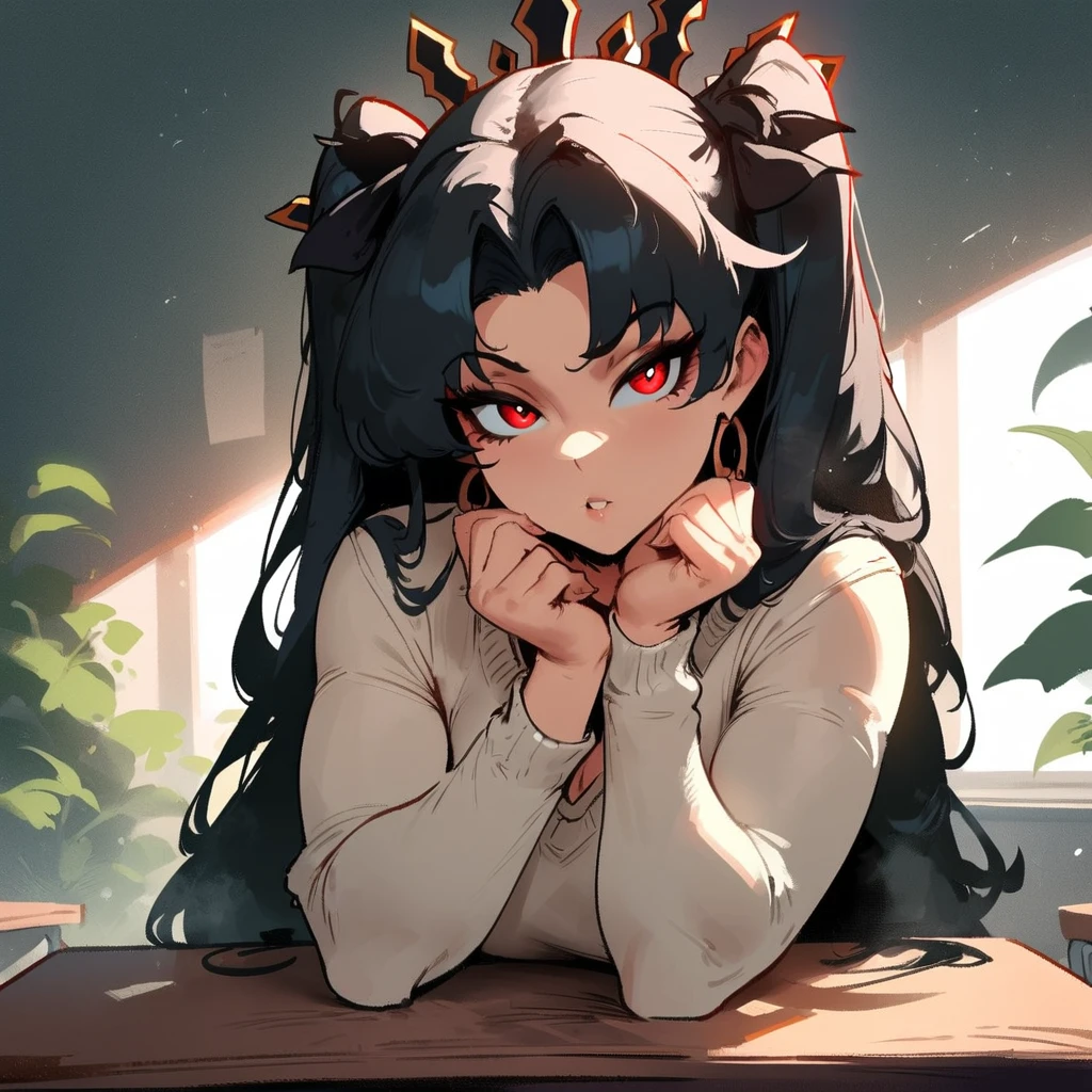 1girl, ishtar \(fate\), fate \(series\) \\\\\ masterpiece, best quality, very aesthetic, absurdres, newest \\\\\\ slim body,///// ,by nyantcha,cutesexyrobutts , by khyle,,////// beautiful face, sexy, red eyes, , at school, windows, greenery, sweater,,at desk, looking at viewer, close-up