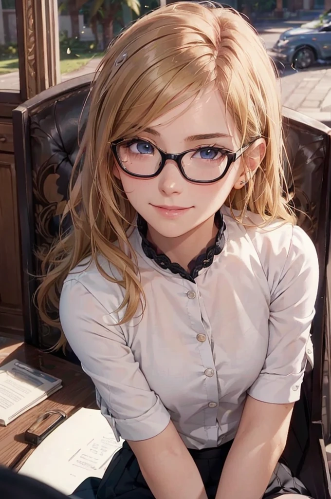 Masterpiece, 最high quality, high quality, High resolution, high quality texture, high quality shadows, High resolution, Beautiful details, Detailed CG, Detailed Texture, Realistic representation of face, Realistic, colorful, delicate, Cinematic Light, Side light, Lens flare, Ray Tracing, sharp concentrated, (1 Girl,concentrated:1.3), ( Intricate details, compensate, PureErosFaceV1:0.5), (細部まで美しいdelicateな顔, 緻密で美しいdelicateな瞳, Perfect Facial Proportions, Dense skin, Optimal ratio of four fingers to one thumb,Unified 8k wallpaper, Arms under chest, Modest chest, Wide Hips, Smooth upper abdomen, 30 years old, blue eyes, glasses,cabin attendant uniform,white blouse,tight fitting black skirt,black stockings, excellent secretary ,working as a secretary, wooden desk, wooden chair, house wife, the gaze of true love, lips of temptation, A look full of compassion ,a smile full of love, i love you, Acting lovey-dovey, air fortress hair, blonde hair, I love you so much I'm crazy,i love you