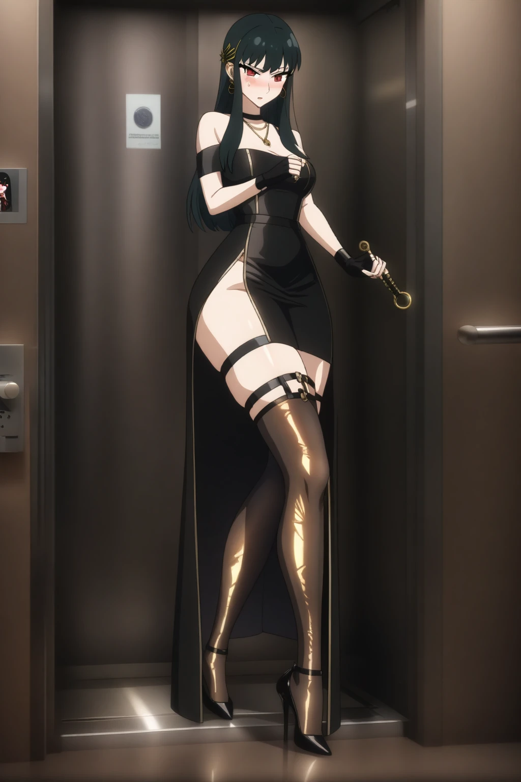 Anime female character, (masterpiece), (highest quality), (extreme quality), (super high), yorbriar, yorbriar, 1girl, standing in the elevator, the elevator door opens, the camera faces the character outside the elevator, looking at the camera, black Garter stockings, sexy, smooth thigh skin, voluptuous thighs, standing posture, bent legs, translucent stockings, charming, shy expression, slightly red eyes, long black hair, straight hair, bangs covering part of the forehead, red eyes, Fierce and shy eyes, angry expression, black bodycon dress, high slit dress, suspender design, shiny fabric, gold hairpin, gold hoop hairpin, black fingerless gloves, simple necklace, thigh strap, hands holding live dagger, metallic luster