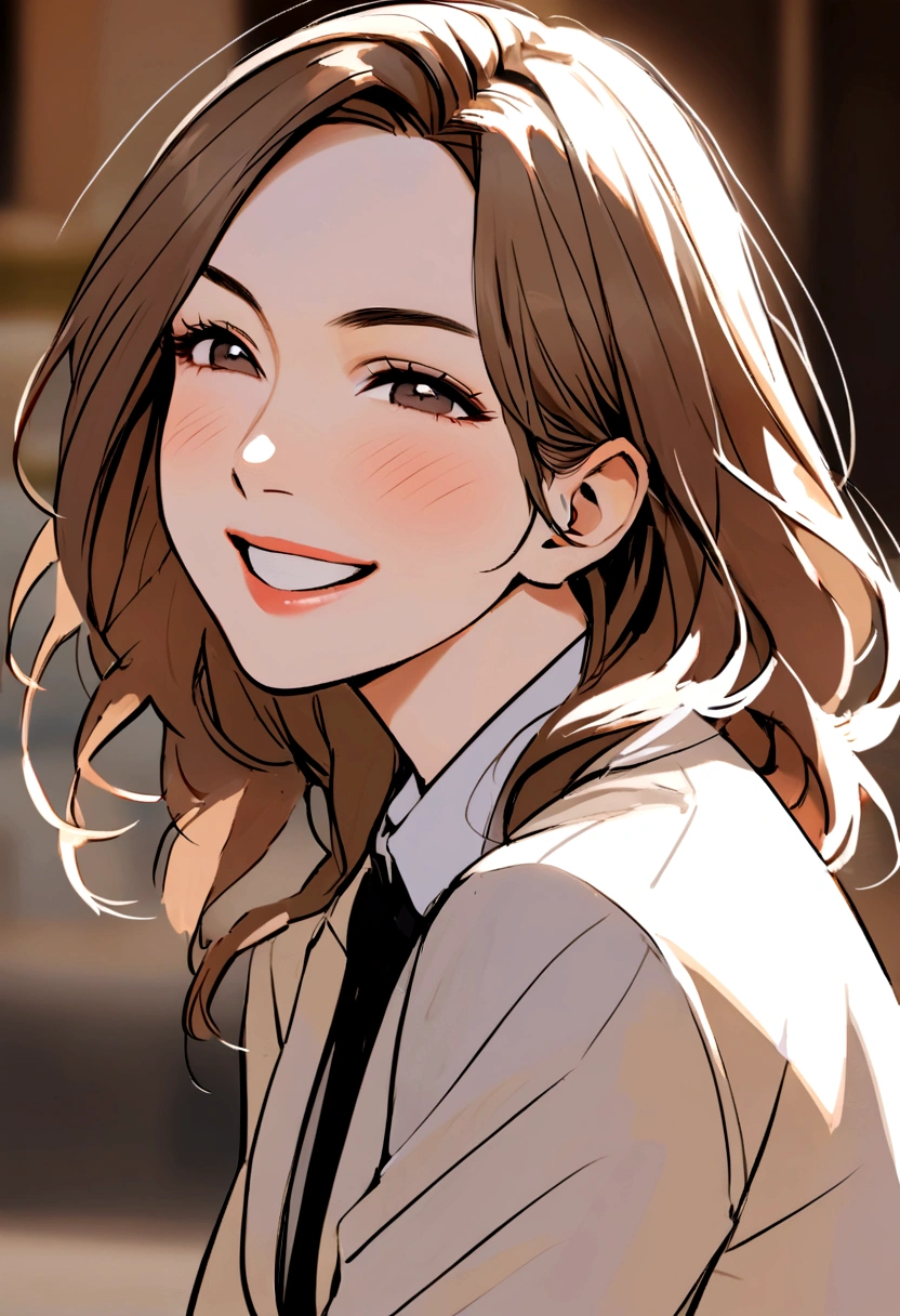 Create a photo of a 30-year-old woman with brown hair, smiling, happy and dynamic