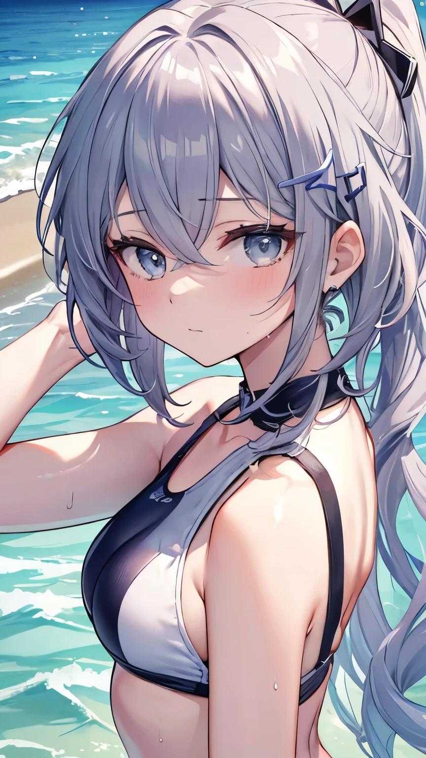 Highest quality:1.1)、(masterpiece:1.2)、(solo)、Close-up、Watching the viewer、Ocean、summer、Sports swimwear,Flowing sweat,Silver Hair,Girl,whole body