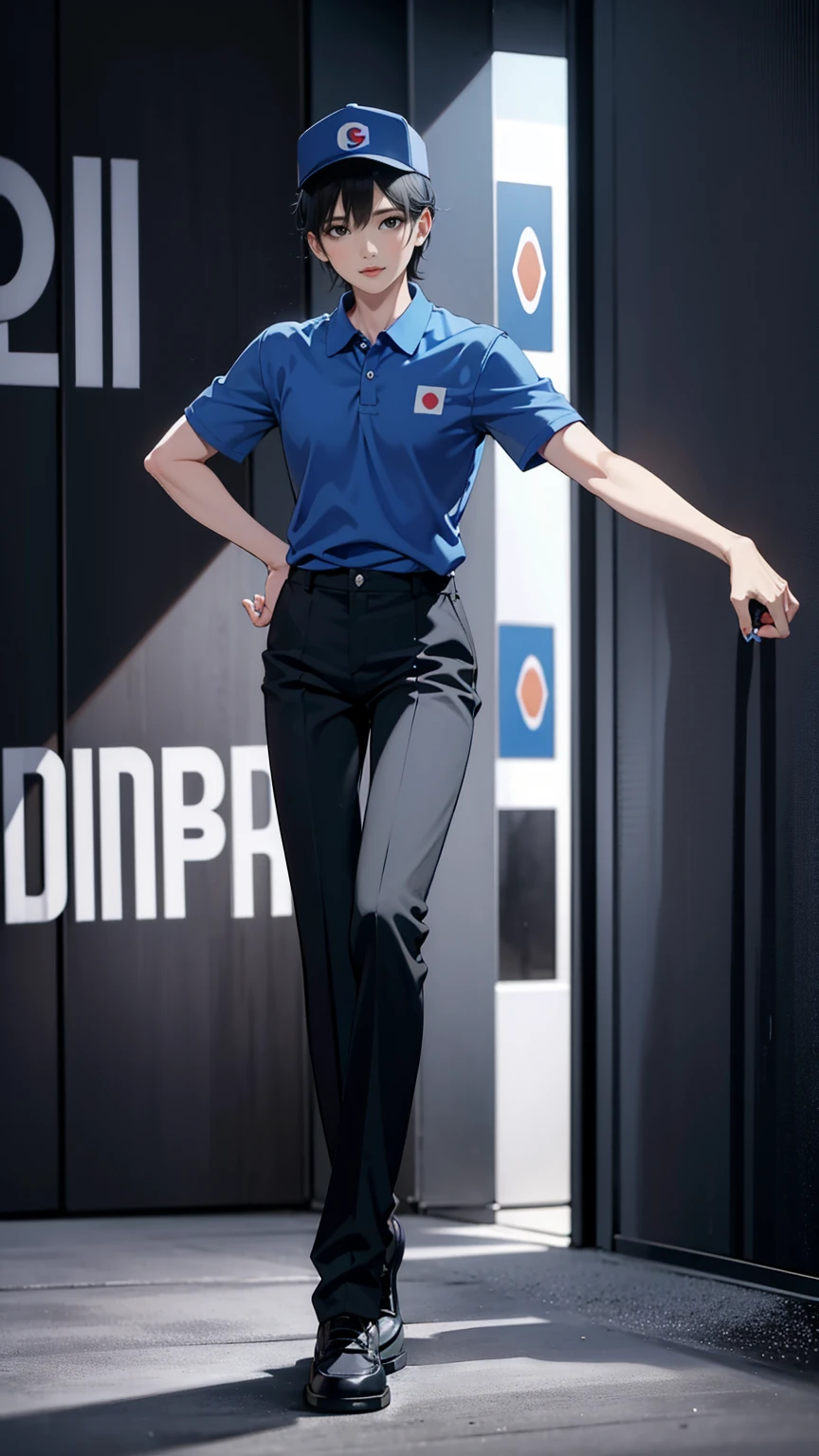 round eyes, pretty face, short korean men hair, dimash kudaibergen as a male dominos pizza employee is standing, a plate of pizza, blue polos shirt short sleeve, black cinos pants, wearing black front cap, serious face expression, full hd resolution dominos kitchen restaurant background, cold filter, shiny environment effect, full body