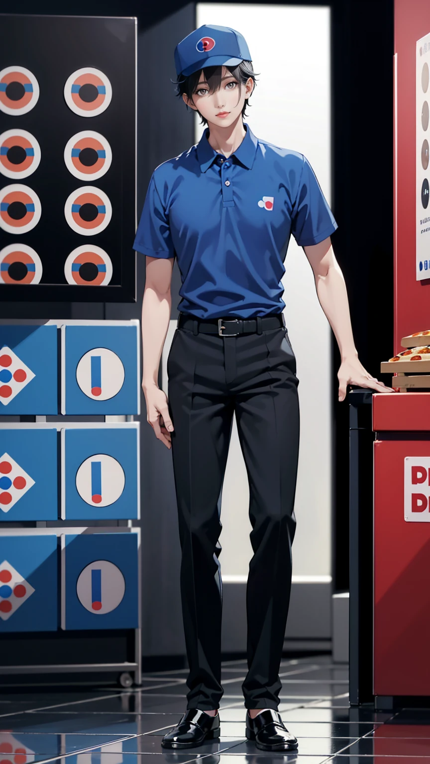 round eyes, pretty face, short korean men hair, dimash kudaibergen as a male dominos pizza employee is standing, a plate of pizza, blue polos shirt short sleeve, black cinos pants, wearing black front cap, serious face expression, full hd resolution dominos kitchen restaurant background, cold filter, shiny environment effect, full body