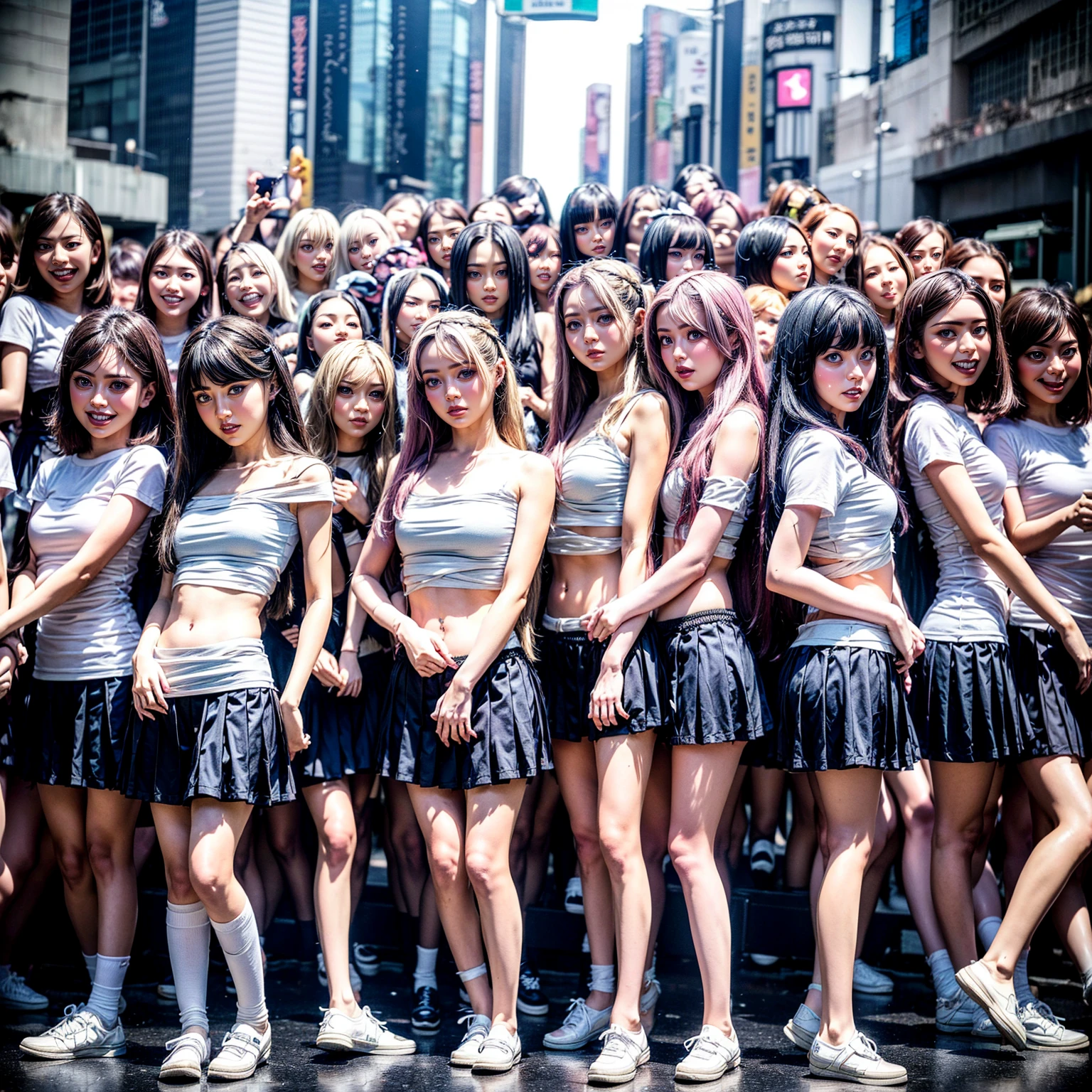 ((ExtremelyDetailed (12 KAWAII Girls in a row:1.37) at Shibuya Hachiko-mae scramble crossing)), (masterpiece TopQuality) (photorealistic:1.37), {(Standing Full Body:1.2)|(from below:1.2)}, Different types of hair colors, {School Uniform|naked bandage|tutu}