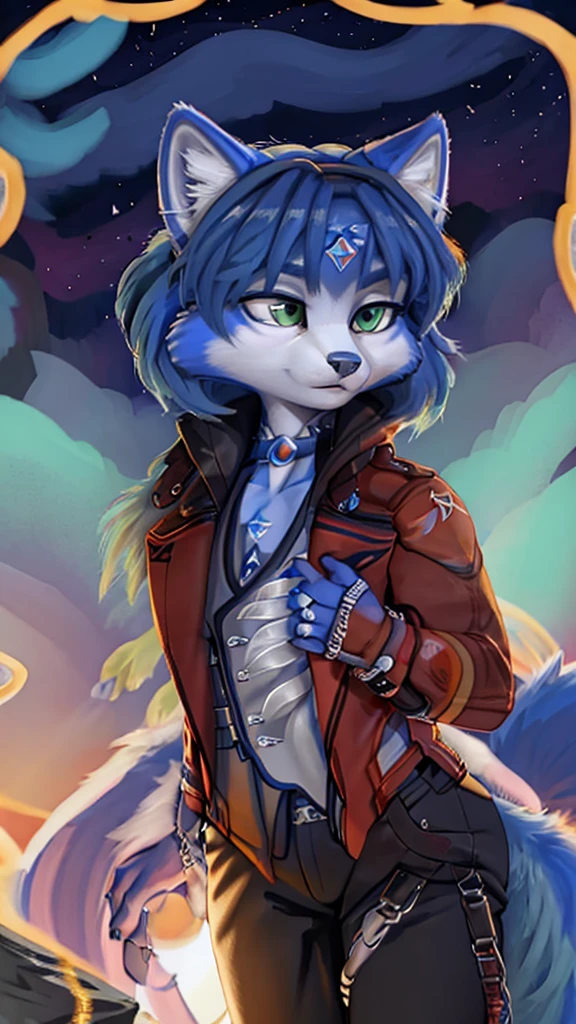 A beautiful and detailed (sweet full body picture) of ((Krystal)), Star Fox Krystal, detallierte augen, green eyes, medium breasts, (((Long blue hair 1.3))), ((black hair tips)), anthro, furry, Uploaded E621, detailed fluffy fur, detailed face:1.5, (fluffy), 1 girl, alone, brüste sind verdeckt