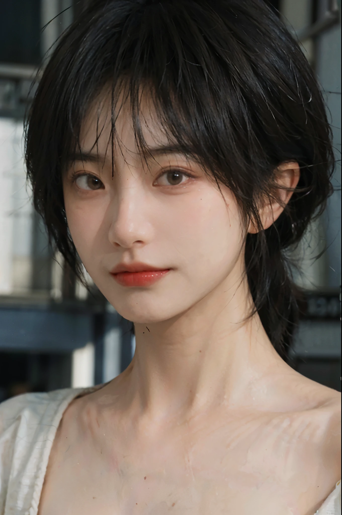 1 girl,short hair,A faint smile,serene, calm,Sportswear,thinking,Moles under the eyes,Exquisite eyes, Delicate face,Lipstick,earrings,Hair details, (Large Breasts:1.0),outdoor,background,城市background,(Skin details:1.4),(Realistic and detailed eyes:1.2), Natural skin texture, Realistic facial details,Close-up of face,Portrait Photography,(Portrait Photography:1.1), (smooth skin textures:1.3), (Highest quality real skin textures:1.4), Direct vision,Soft dramatic lighting, Vivid details, 35 mm film, (Photo Practical:1.4), (hyper Practical:1.4), (Practical:1.3), (Smoother lighting:1.05), (Improve lighting quality:0.9), (Enhance the beauty of skin texture:1.1), Depth of Field, Bokeh, Surrealism, Ray Tracing, ( Surrealism, High Detail, Chiaroscuro, Ray Tracing, reflected light, Ultra HD, Ultra HD, masterpiece, Textured Skin, Super Detail, High Detail, high quality, best quality