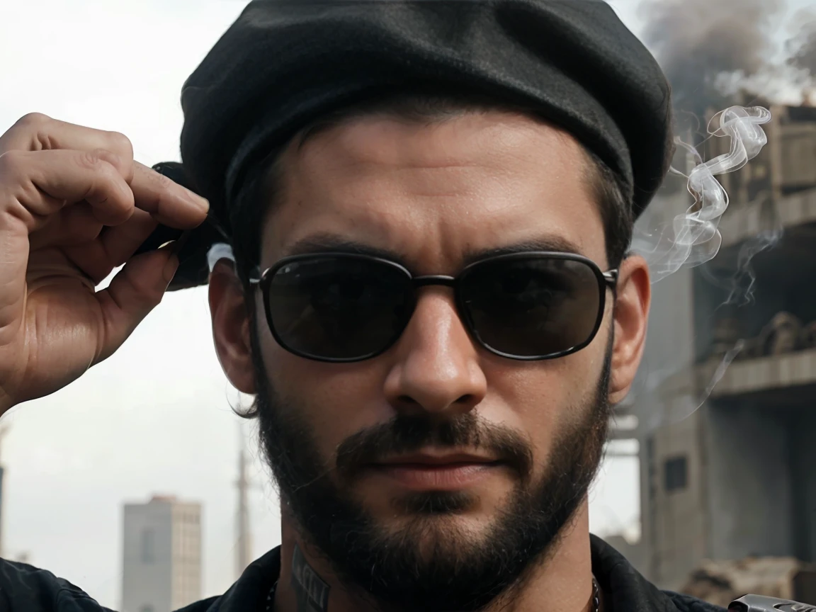 a man of strong build, fallout bandit, Black Beret, He has a well-defined jaw and a serious expression, His skin is clear, and he has a short beard, smoking, sunglasses. Far from the camera.