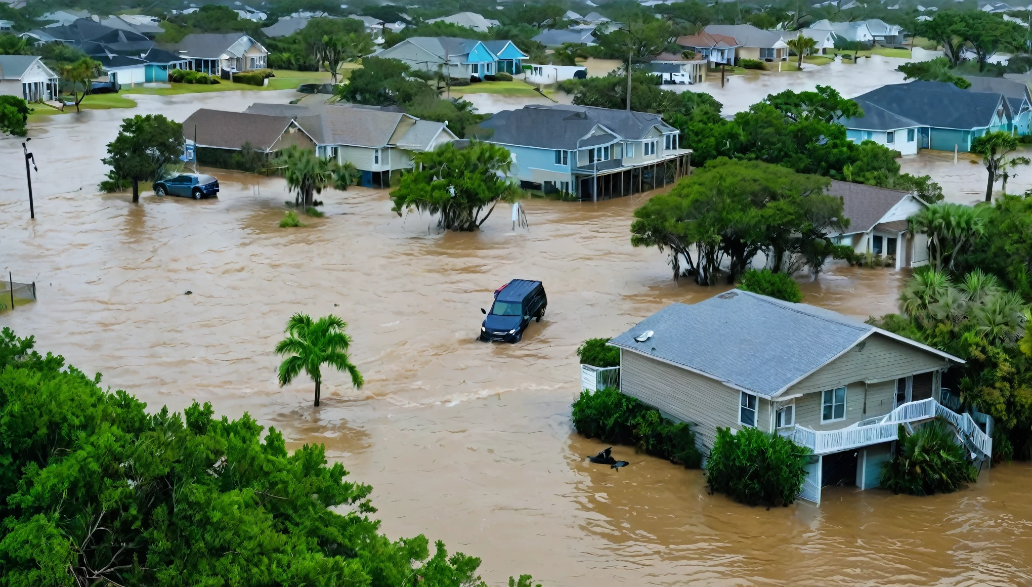 whoa, a close-up image depicts a severe flooding scenario. A tropical storm caused the sea to invade the Texas coast, Surfside Beach. A large stretch of street in is submerged in water, with several houses floating or partially submerged. The weather seems inclement, likely with heavy rain or storm conditions contributing to flooding. The situation is terrible, likely to cause significant disruption and danger to individuals in the area. Emergency services would be needed to deal with such a catastrophic event.
