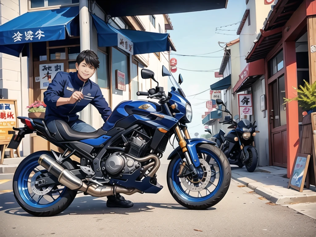 In front of the noodle shop, a navy blue motorcycle is in front.