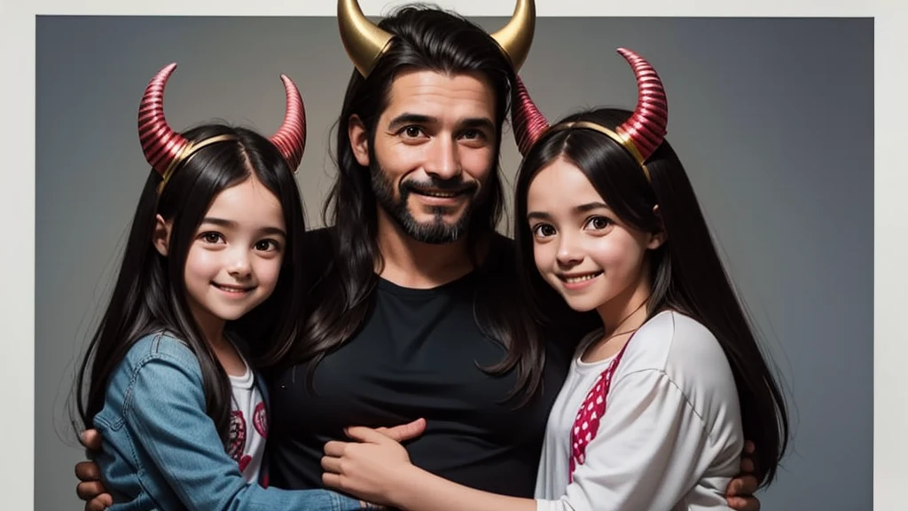 a father embracing his two daughters, the father has a smile and devil horns, his daughters have a face of happiness and innocence, it is an image of the eopca of jesus christ.
