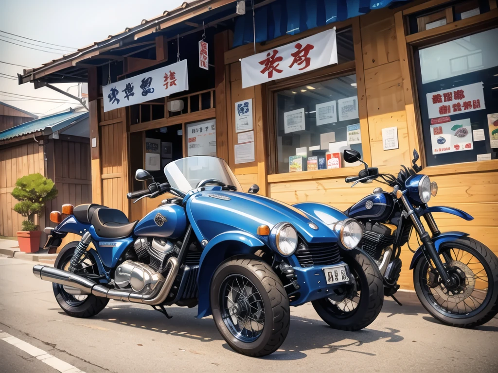 In front of the noodle shop, a navy blue motorcycle is in front.