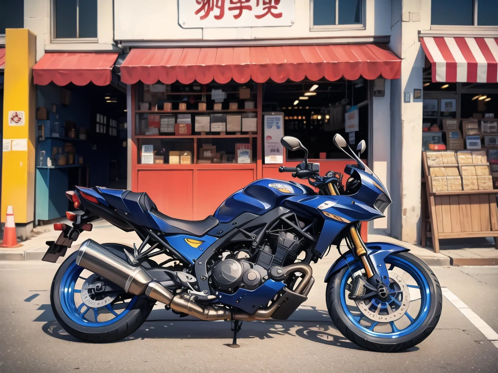 In front of the noodle shop, a navy blue motorcycle is in front.