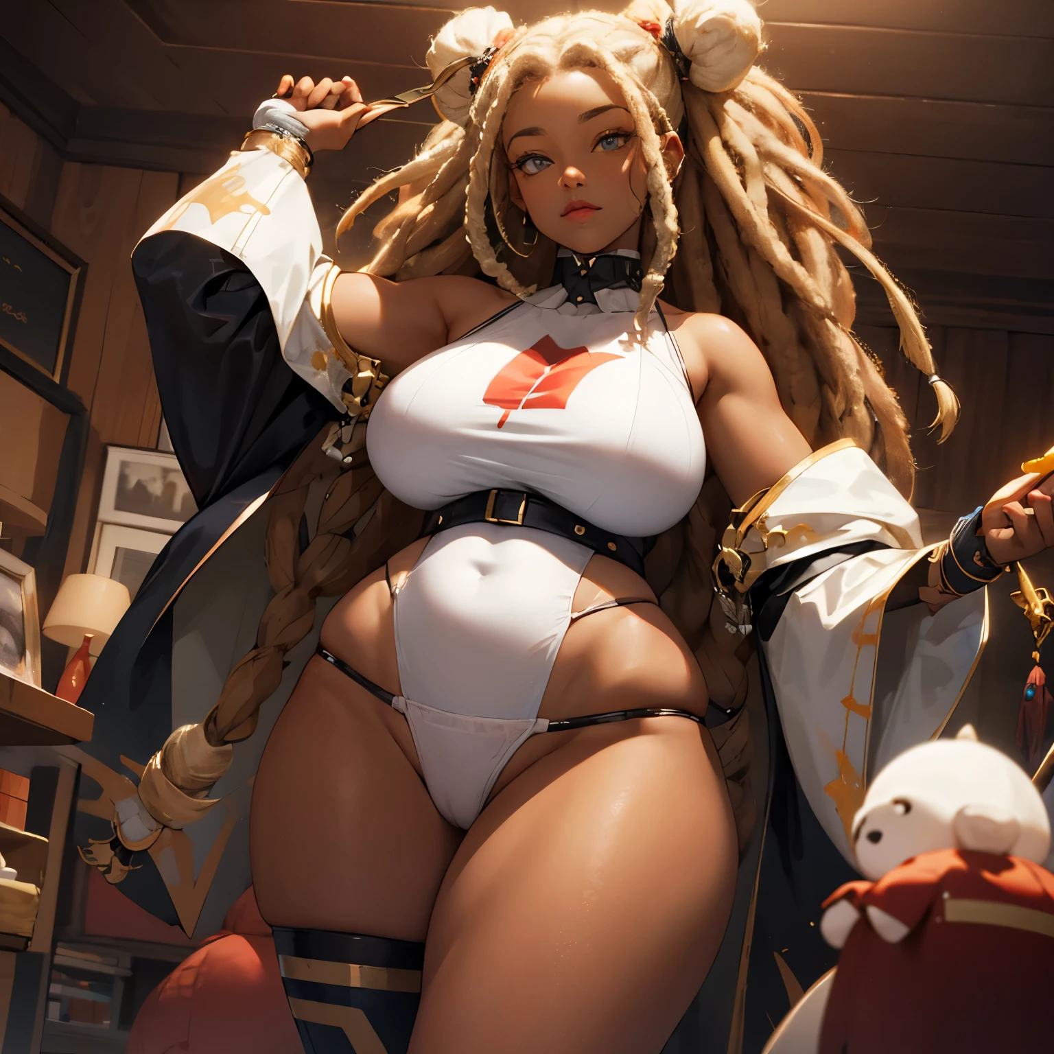 dark-skinned female, thong, poitrine, gros seins, voluptueux, thick thighs, Oppai, hanches larges, Sinueuse, gros cul, cul massif, dreadlocks, room