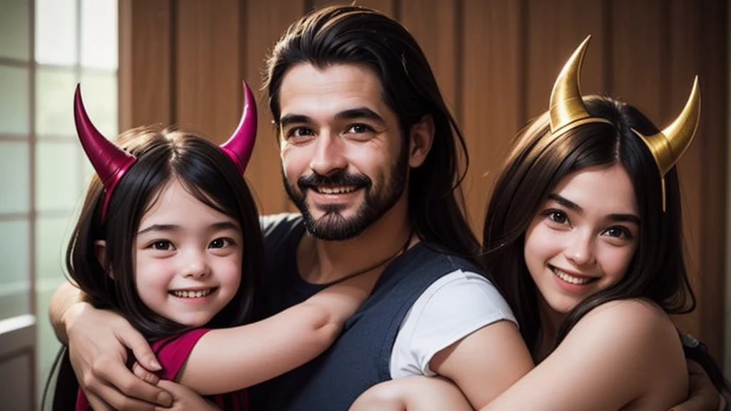 a father embracing his two daughters, the father has a smile and devil horns, his daughters have a face of happiness and innocence, it is an image of the eopca of jesus christ.
