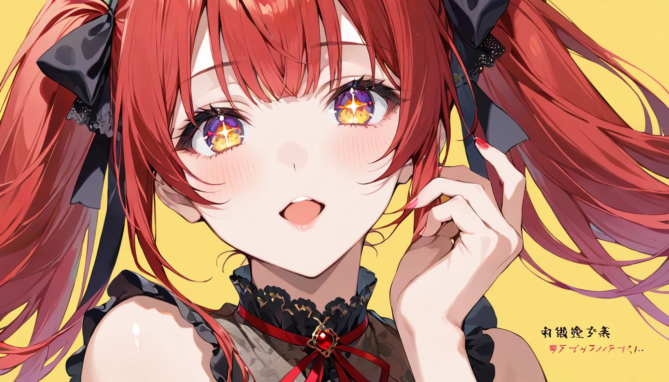 masterpiece, best quality, ultra detailed, sparkling eyes, beautiful detailed eyes, The image is a digital illustration of an anime character with vibrant red hair styled in twin tails, accented with black ribbons. The character has a playful expression, with one hand resting on the chin. The background is a solid pastel yellow, and there is Japanese text at the bottom of the image which reads 'オーバーライド'.