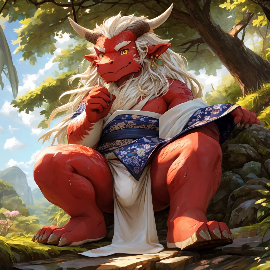 ultra-detailed, masterpiece, masterwork, high quality, best quality, hdr, (nature, japanese style), nsfw, male, solo, chibi, dragon, ((kimono, bulge loincloth, white loincloth)), (little red body minotaur), (white chubby body), (long golden hair, yellow eyes, cool eyes), sitting, dynamic angle, earrings, sweat