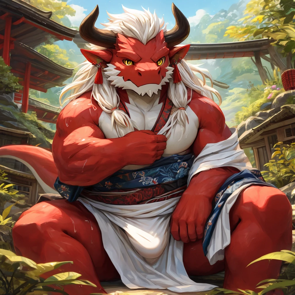 ultra-detailed, masterpiece, masterwork, high quality, best quality, hdr, posted on e621, (by darkgem, by zaahrich), (nature, night, hot spring), nsfw, (male), solo, (red little body minotaur), dragon, (long silver hair, yellow eyes, white chubby body), stylish pose, penis focus, dynamic angle, (nude, perfect balls, long foreskin, micropenis, wet body)