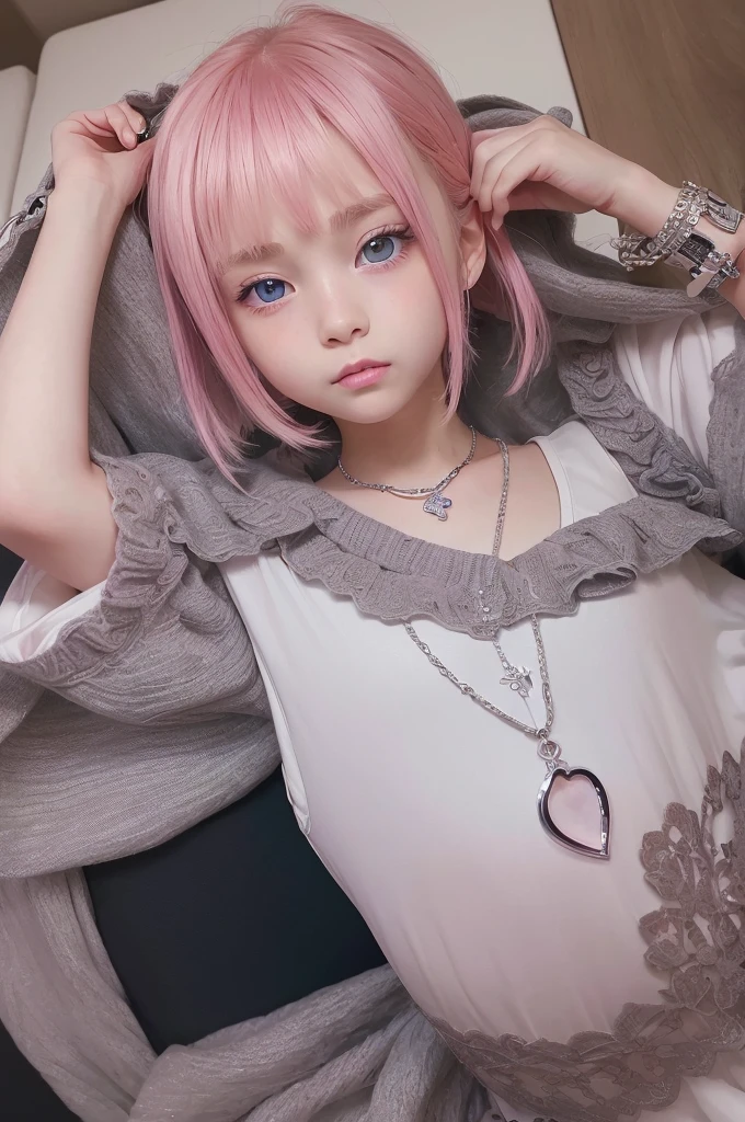(8k high quality), (2d high quality), (high anime quality), (6 yrs old beautiful young girl), (beautiful face), (shining, short pink hair), (galaxy blue eyes, almond shape eyes), (shining smooth skin), (beautiful thin eyebrow), (beautiful wristwatch), (beautiful silver necklace with heart pendant), (beautiful white school uniform)