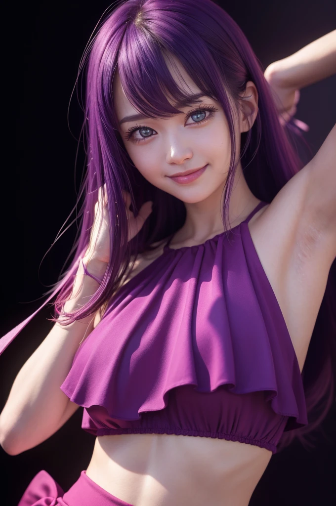 (best quality,4k,8k,highres,masterpiece:1.2),ultra-detailed,(realistic,photorealistic,photo-realistic:1.37),studio lighting,extreme detail description,vivid colors,concept art, small breasts, seductive smile, hoshino ai, purple hair, pink idol outfit, sleeveless, realistic, beautiful japanese female, arms up, armpits visible, ribbon, gloves,
