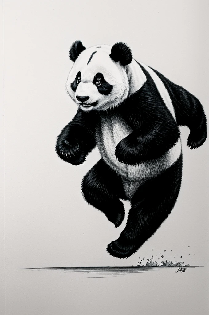 Black and white drawing of a running panda