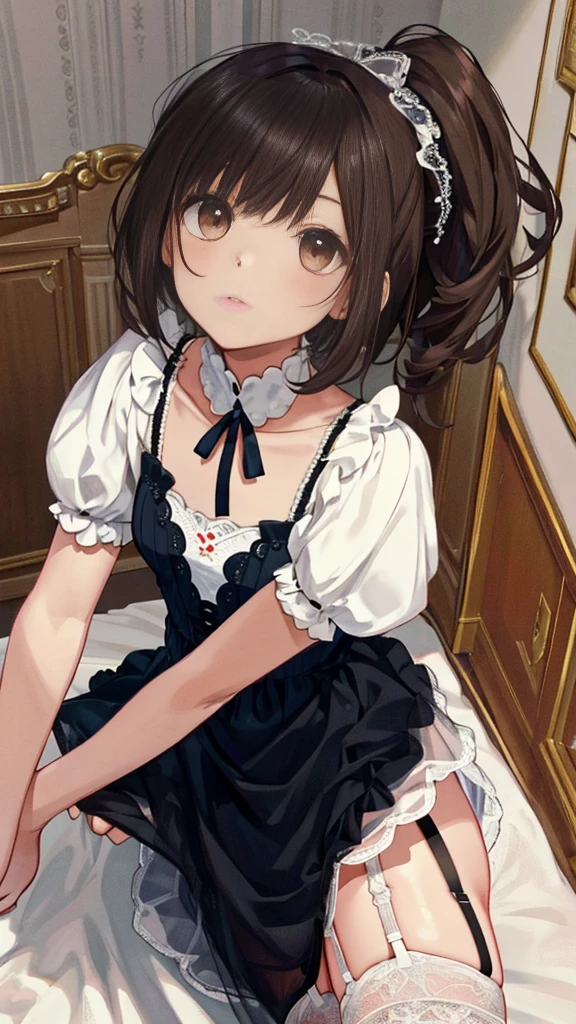 ((masterpiece)), ((best quality)), ((ultra detailed)), ((kawaii)), cute, (lovely), ((extremely detailed)), ((8K)), (beautiful), full body, luxury room, a cute girl, 1girl, solo, blue mini camisole dress,beautiful darkbrown hair, ((detailed beautiful brown eyes)), white-skinned, flat breast, tiny breast, garter belt,(garter stockings:1.4),pink eyeshadow,standing,full body