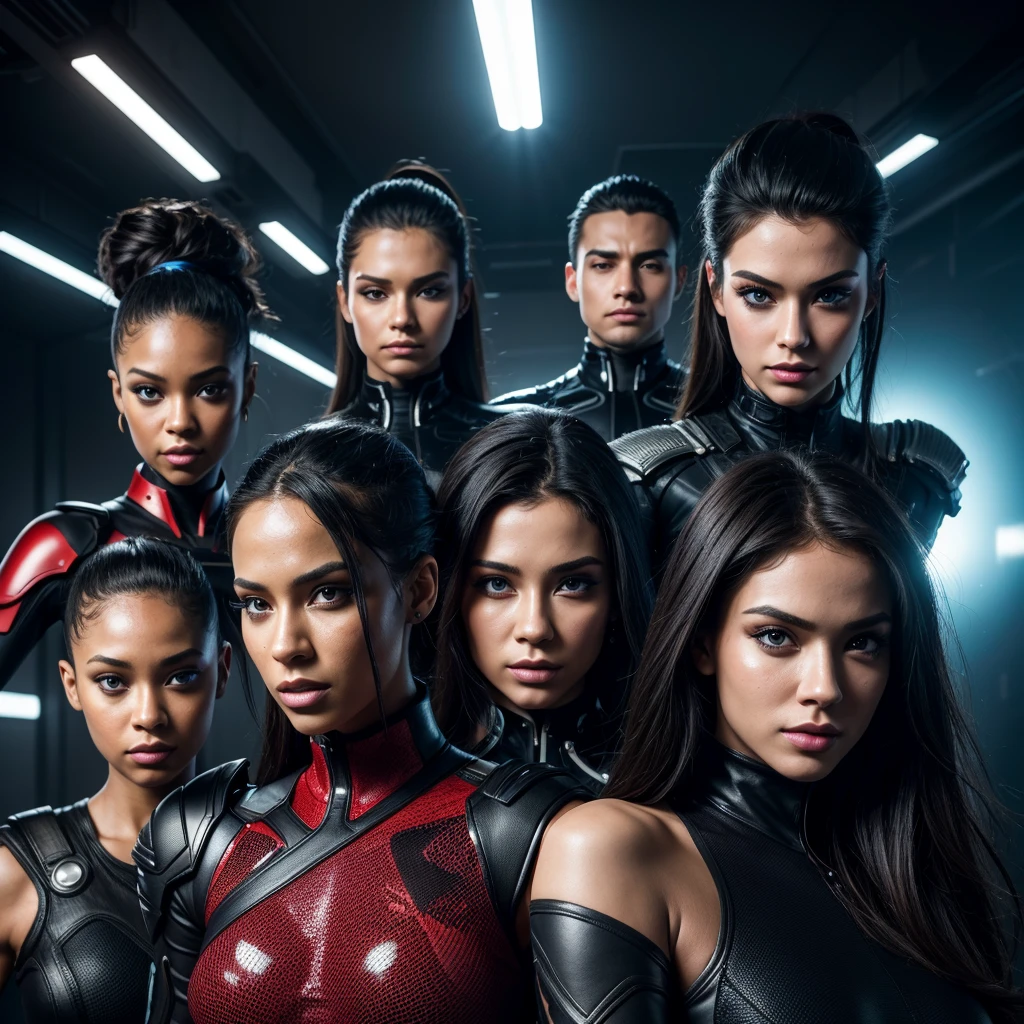 amazing detailed portrait of a group of 5 twitch streamers, highly realistic, 8k, photorealistic, studio lighting, cinematic composition, dynamic poses, expressive faces, vibrant colors, dramatic lighting, intricate details, flawless skin, beautiful fashion, cutting edge technology, futuristic setting, sleek and modern aesthetic, dynamic camera angles, dramatic depth of field, cinematic mood, epic scale, best qualit