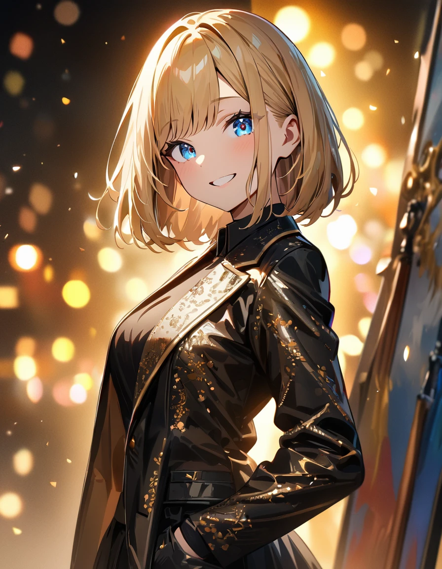 (((One girl))), blond hair, bob cut, (upper body), (looking at viewer), breasts, teenager, head tilt:1.3, (((blue eye))), (from side), hand in pocket, ((happy smile)), , black and gold blazer, black skirt, anime style, (best quality, 4k, 8k, highres, masterpiece:1.2, ultra-detailed, ultra-detailed eyes, HDR, UHD, studio lighting, ultra-fine painting, sharp focus, physically-based rendering, extreme detail description, professional, vivid colors, bokeh)