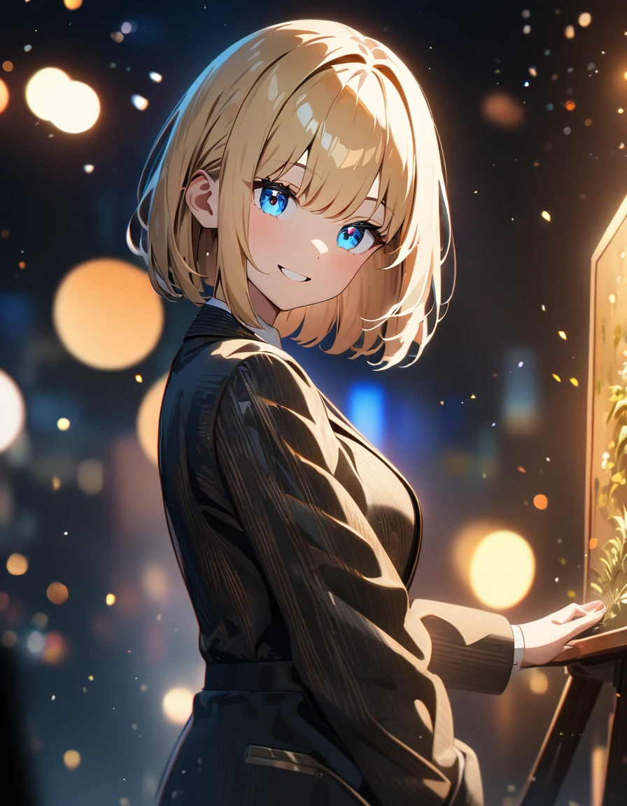 (((One girl))), blond hair, bob cut, (upper body), (looking at viewer), breasts, teenager, head tilt:1.3, (((blue eye))), (from side), hand in pocket, ((happy smile)), , black and gold blazer, black skirt, anime style, (best quality, 4k, 8k, highres, masterpiece:1.2, ultra-detailed, ultra-detailed eyes, HDR, UHD, studio lighting, ultra-fine painting, sharp focus, physically-based rendering, extreme detail description, professional, vivid colors, bokeh)