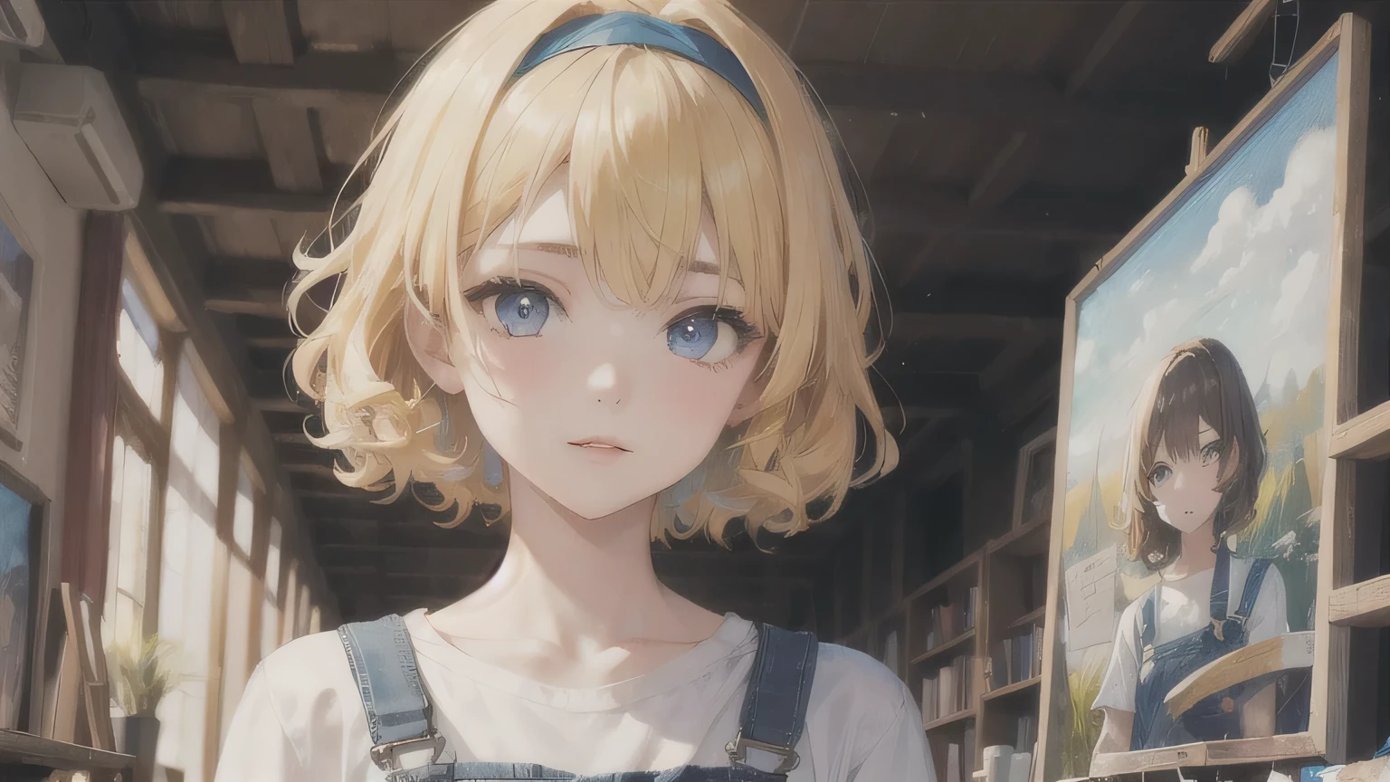Yellow Hair、Curly hair、One Girl,20-year-old,Beautiful Face,Upper Body、Sharp focus,Overalls、short hair、paints、Painting、hair band