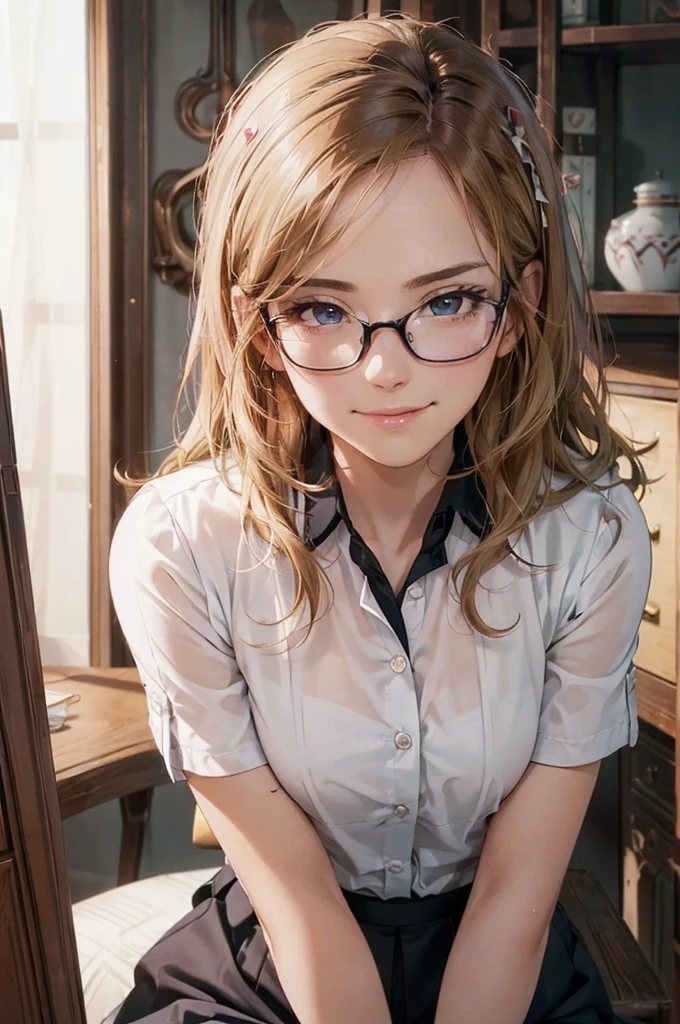 Masterpiece, 最high quality, high quality, High resolution, high quality texture, high quality shadows, High resolution, Beautiful details, Detailed CG, Detailed Texture, Realistic representation of face, Realistic, colorful, delicate, Cinematic Light, Side light, Lens flare, Ray Tracing, sharp concentrated, (1 Girl,concentrated:1.3), ( Intricate details, compensate, PureErosFaceV1:0.5), (細部まで美しいdelicateな顔, 緻密で美しいdelicateな瞳, Perfect Facial Proportions, Dense skin, Optimal ratio of four fingers to one thumb,Unified 8k wallpaper, Arms under chest, Modest chest, Wide Hips, Smooth upper abdomen, 30 years old, blue eyes, glasses,cabin attendant uniform,white blouse,tight fitting black skirt,black stockings, excellent secretary ,working as a secretary, wooden desk, wooden chair, house wife, the gaze of true love, lips of temptation, A look full of compassion ,a smile full of love, i love you, Acting lovey-dovey, air fortress hair, blonde hair, I love you so much I'm crazy,i love you