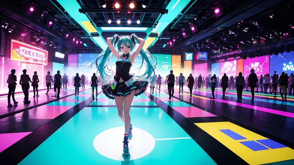 This painting depicts an active and colorful dance party scene featuring Hatsune Miku.。She was dancing in the center of the dance floor、Colorful neon lights are shining all around.。There are large speakers and a DJ booth in the background.、The whole space is filled with energetic music.。Hatsune Miku&#39;s costume is futuristic and stylish、Based on bright blue、It glows with her movements。