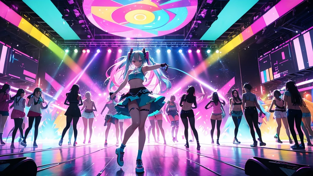 This painting depicts an active and colorful dance party scene featuring Hatsune Miku.。She was dancing in the center of the dance floor、Colorful neon lights are shining all around.。There are large speakers and a DJ booth in the background.、The whole space is filled with energetic music.。Hatsune Miku's costume is futuristic and stylish、Based on bright blue、It glows with her movements。