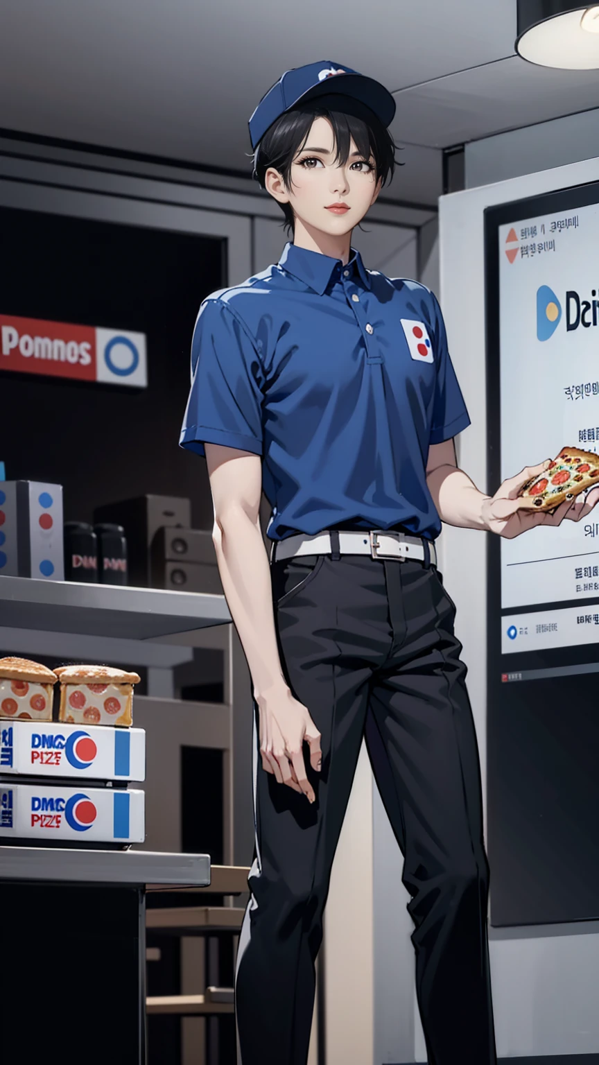 round eyes, pretty face, short korean men hair, dimash kudaibergen as a male dominos pizza employee is standing, a plate of pizza, blue polos shirt short sleeve, black cinos pants, wearing black front cap, serious face expression, full hd resolution dominos kitchen restaurant background, cold filter, shiny environment effect, full body