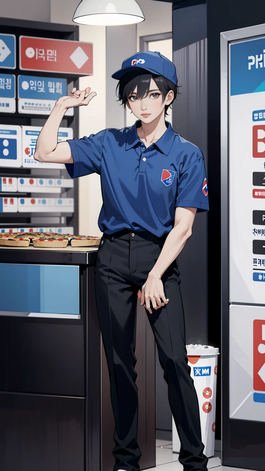 round eyes, pretty face, short korean men hair, dimash kudaibergen as a male dominos pizza employee is standing, a plate of pizza, blue polos shirt short sleeve, black cinos pants, wearing black front cap, serious face expression, full hd resolution dominos kitchen restaurant background, cold filter, shiny environment effect, full body