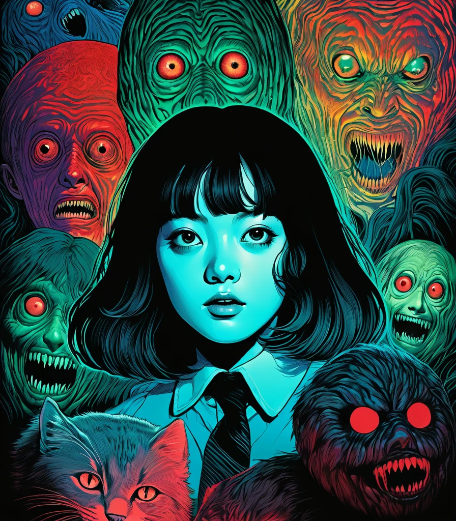 An illustration、art、70s horror movie posters, Supervised by Junji Ito、High detail, Realistic Shadows、Analog Style, chromatic aberration, Surrealism、Complementary Gradient