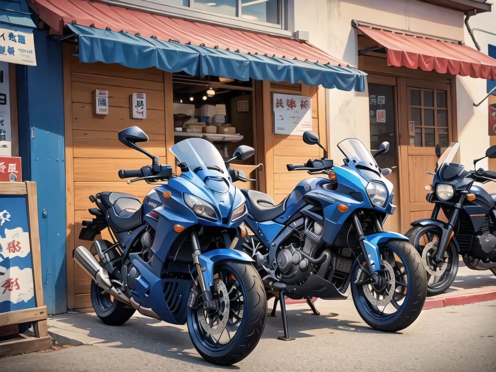 In front of the noodle shop, a navy blue motorcycle is in front.