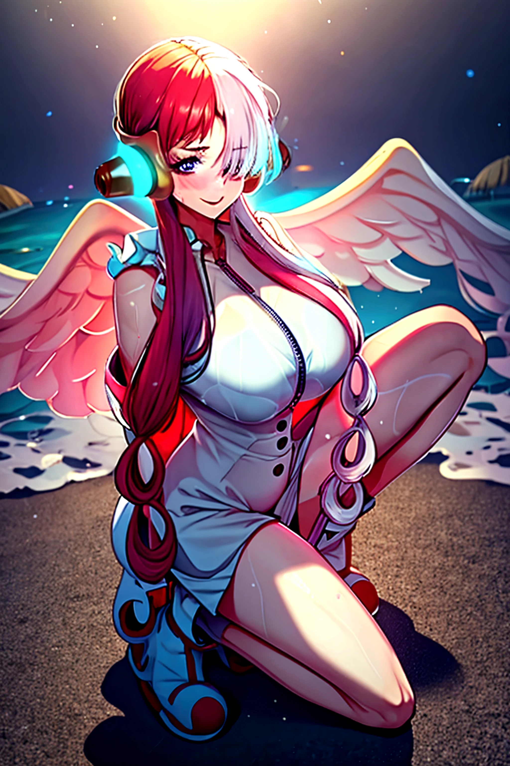 seraphine1, league of legends, pink hair, queen, nsfw, floating pose, floating, feathers, big boobs, digital illustration, vibrant colors, soft lighting, perfect face, absurdres, ultrasharp, 8K, long hair, space buns, long dress, white dress, angel, angel wings