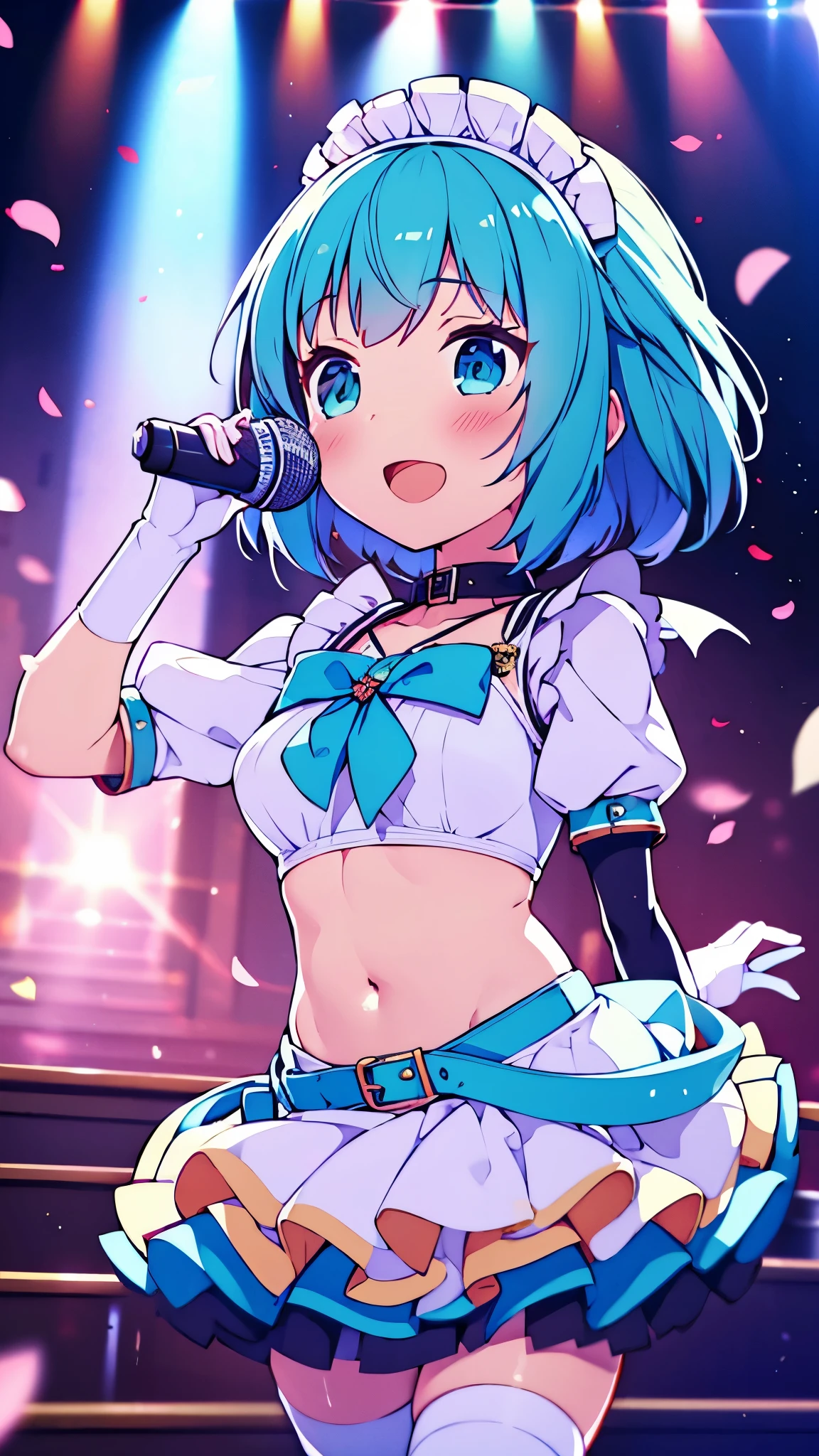 MLTD bg style, (best quality, 8K, masterpiece, HDR, ultra detailed:1.2), cinematic angle, (light particles, sparkle), lens flare, depth of field, bokeh,
1girl, white gloves, open mouth, microphone, short puffy sleeves, glowstick, smile, petals, maid headdress, frills, blush, solo, stage, white thighhighs, belt, hair bow, hair ribbon, medium breasts, idol, upper teeth only, looking away, aqua bow, frilled skirt, hair ornament, frilled dress, audience, solo focus, concert, zettai ryouiki, spotlight, stage lights, shiny hair, looking afar, buckle, belt buckle, elbow gloves, wing collar, jewelry, petticoat, navel,