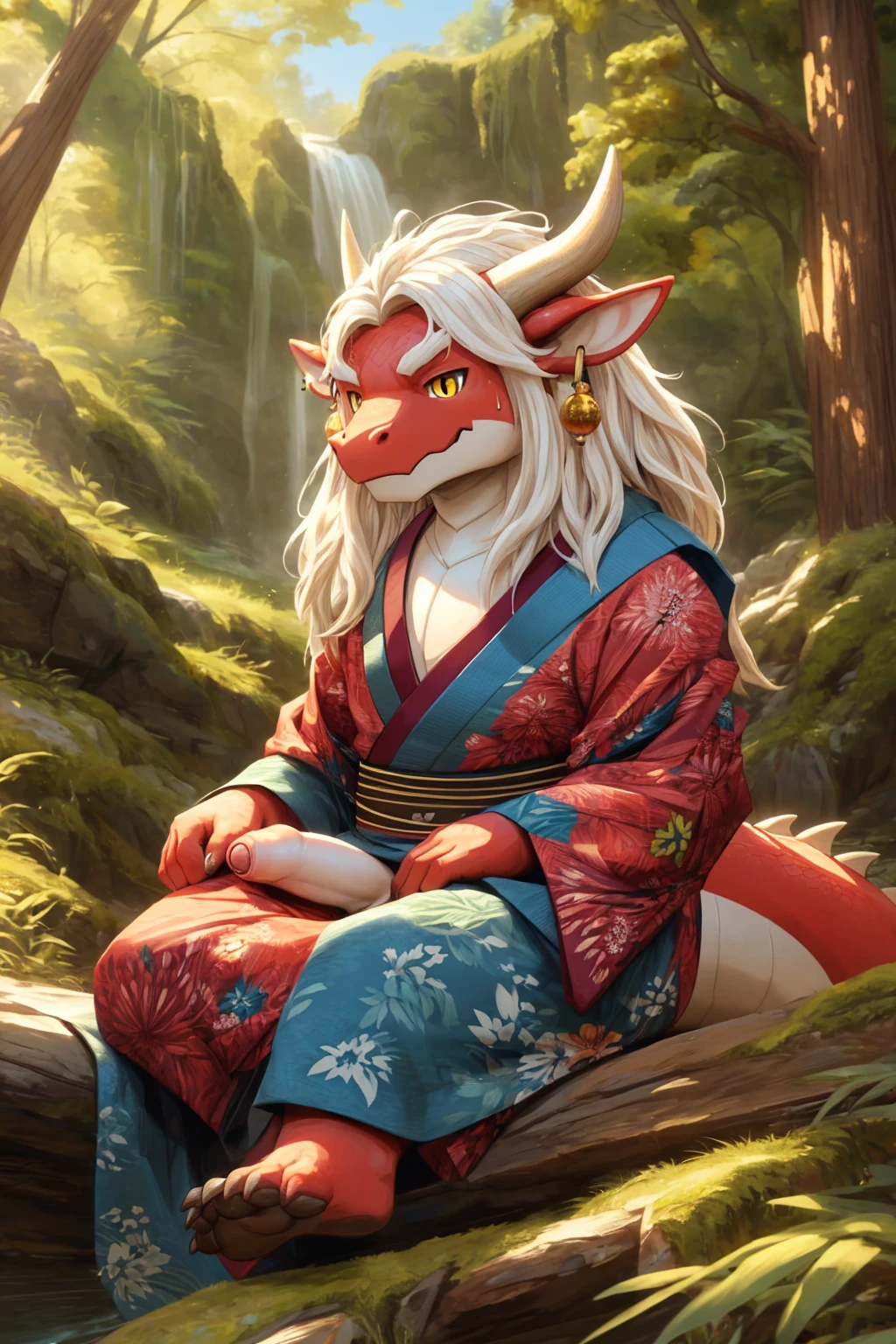 ultra-detailed, masterpiece, masterwork, high quality, best quality, hdr, (nature, japanese style), nsfw, male, solo, chibi, dragon, ((kimono, foreskin, perfect balls)), (little red body minotaur), (white chubby body), (long golden hair, yellow eyes, cool eyes), sitting, dynamic angle, earrings, sweat