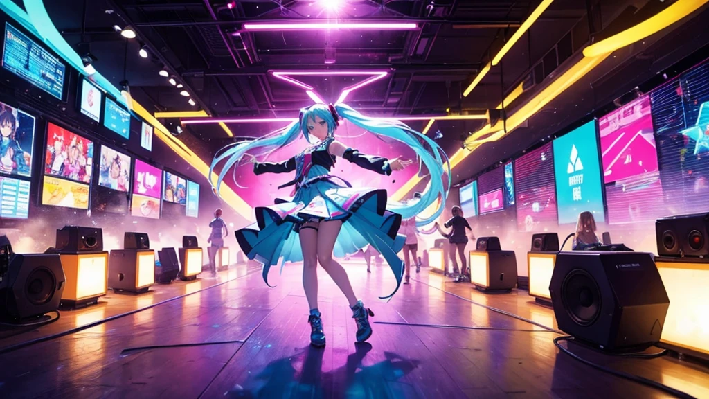 This painting depicts an active and colorful dance party scene featuring Hatsune Miku.。She was dancing in the center of the dance floor、Colorful neon lights are shining all around.。There are large speakers and a DJ booth in the background.、The whole space is filled with energetic music.。Hatsune Miku&#39;s costume is futuristic and stylish、Based on bright blue、It glows with her movements。