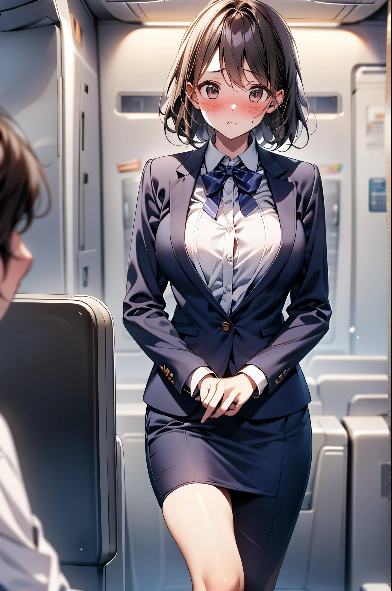 (1 person、alone), Beautiful woman, Anatomically perfect body, Slender、(stewardess、Cabin attendant), Japan Air Line uniform、Jacket、skirt、(Look down:1.2), (Pussy juice:1.1)、(Hold my chest:1.2)、20-year-old、(Highest quality)、Black Hair, (Half Up:1.1), On the plane、(8K, High resolution)、(shy:1.4)、medium breast, (steam:1.1), (embarrassed:1.3), show off nipples under shirt