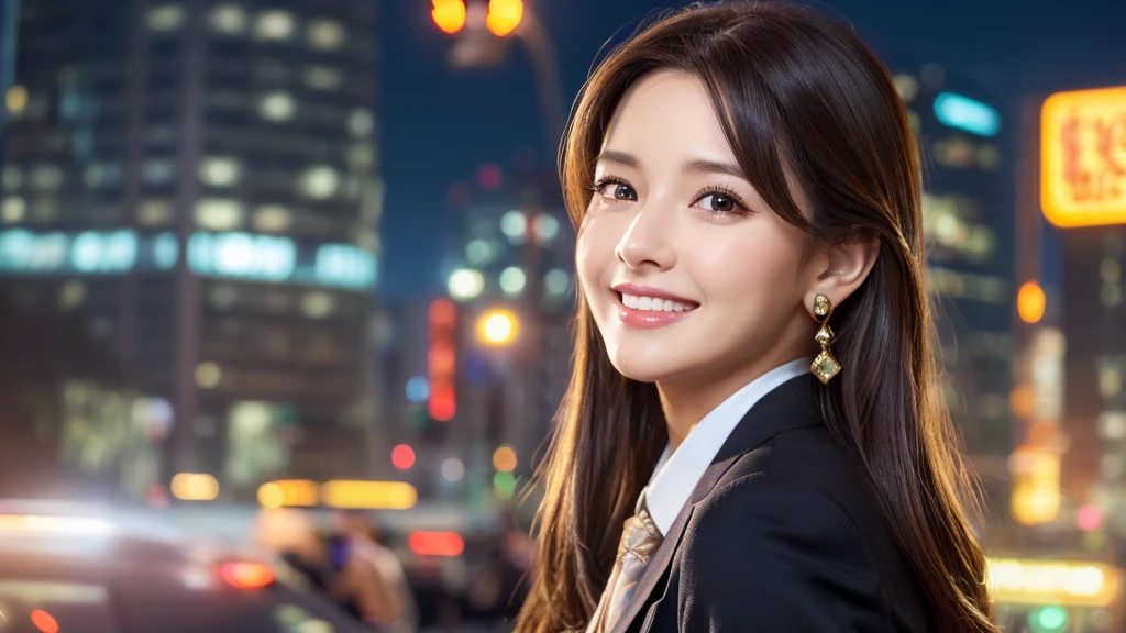 one person、female newscaster、young、beautiful、Female announcer、Shaped face contour、Long Hair、Brown Hair、Fine iris、Elegant、Sexy face、Glowing Skin、Juicy lips、An open, seductive smile、Thick eyelasheodel Body Type、Earrings、black stockings、blush、suit、Tight mini skirt、Perfect lighting、Perfect Shadow、Perfect Anatomy(((masterpiece))), ((highest quality)), ((Super detailed)), (CG illustration), (Very wicked and beautiful)), (Cute Desktop Face)