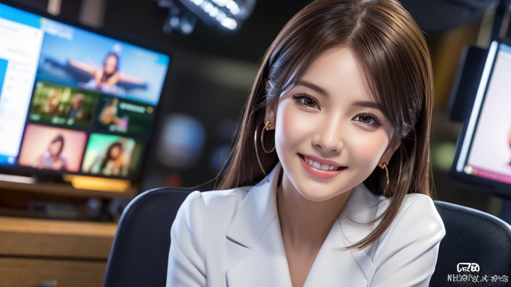one person、female newscaster、young、beautiful、Female announcer、Shaped face contour、Long Hair、Brown Hair、Fine iris、Elegant、Sexy face、Glowing Skin、Juicy lips、An open, seductive smile、Thick eyelasheodel Body Type、Earrings、black stockings、blush、suit、Tight mini skirt、Perfect lighting、Perfect Shadow、Perfect Anatomy(((masterpiece))), ((highest quality)), ((Super detailed)), (CG illustration), (Very wicked and beautiful)), (Cute Desktop Face)