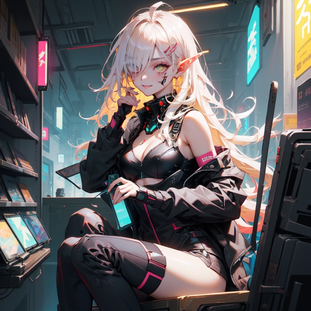 ((​masterpiece )), (top quality), (best quality), ((Ultra-detail, 8K quality)), aesthetics, cinematic lighting, (detailed line art), beautiful digital artwork, exquisite digitale Illustration, most absurd, (best composition), (high resolution), 
romper,
Portrait of a beauty fairy, Cyberpunk Techwear Streetwear Look and Clothing, We can see them from the feet to the head, very detailed and complicated, golden ratio, Beautiful bright colors, futuristic, cyberpunk setting, Cyberpunk style, (sitting in the library), Viewers look at, artstation, conceptual art, Cyberpunk style illustration by Yoji Shinkawa, By Haruhiko Mikimoto, 
romper,
very detailed by (elf), (1 girl), alone, perfect face, Details Eye, cyber_mark, facial spot, Ahoge, ((Long hair:1.2)), (Hair over one eye:1.3), [[tousled hair]], (Blonde white hair, multi-colored hair), yellow  eyes, multi-color eyes,  glowing eyes, Smart students, (eyelashes, eyeshadows, pink eyeshadows), smile, design art By Haruhiko Mikimoto, by kawacy, By Yoshitaka Amano,
romper, 
((perfect anatomy)), beautiful body, Mid Chest, (Extremely detailed fingers), (best hands), perfect face, pretty face, beautiful eyes, perfect eyes, (perfect fingers), (perfect legs), correct anatomy,