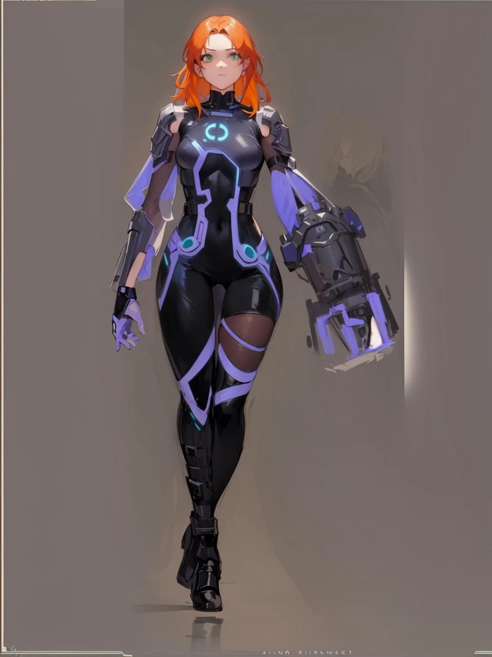The image shows a young woman with bright orange hair and green eyes, dressed in a tight-fitting black futuristic suit that has neon purple luminous details. The suit has a modern and technological design, with lines that light up and run along the body from the neck to the legs.
The most prominent part of the suit is a luminous circle on the chest, which appears to be a device or power source. The woman's arms have an unusual appearance: one of them is normal, while the other has transformed into a kind of monstrous appendage, purple, with a rough texture and sharp claws.
The young woman has an upright and confident posture, with a determined expression on his face. Her legs are covered by the tight suit, and wears black boots that complement the outfit. The contrast between his normal arm and the monstrous one highlights a duality in his appearance., mixing elements of humanity and transformation.
On the whole, the image presents a mixture of beauty and power, combining a science fiction style with fantasy and mutation elements.