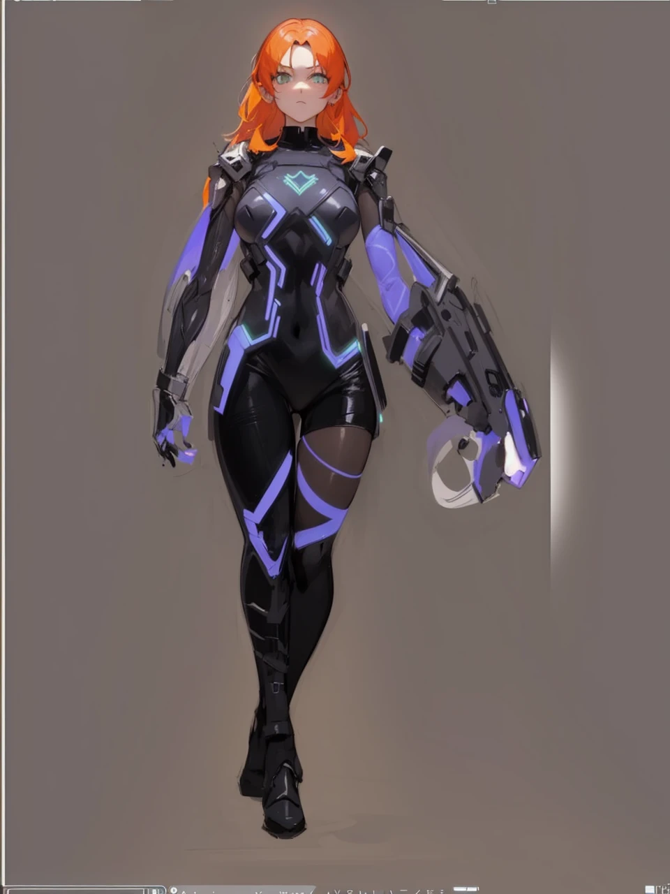 The image shows a young woman with bright orange hair and green eyes, dressed in a tight-fitting black futuristic suit that has neon purple luminous details. The suit has a modern and technological design, with lines that light up and run along the body from the neck to the legs.

The most prominent part of the suit is a luminous circle on the chest, which appears to be a device or power source. The woman&#39;s arms have an unusual appearance: one of them is normal, while the other has transformed into a kind of monstrous appendage, purple, with a rough texture and sharp claws.

The young woman has an upright and confident posture, with a determined expression on his face. Her legs are covered by the tight suit, and wears black boots that complement the outfit. The contrast between his normal arm and the monstrous one highlights a duality in his appearance., mixing elements of humanity and transformation.

On the whole, the image presents a mixture of beauty and power, combining a science fiction style with fantasy and mutation elements.