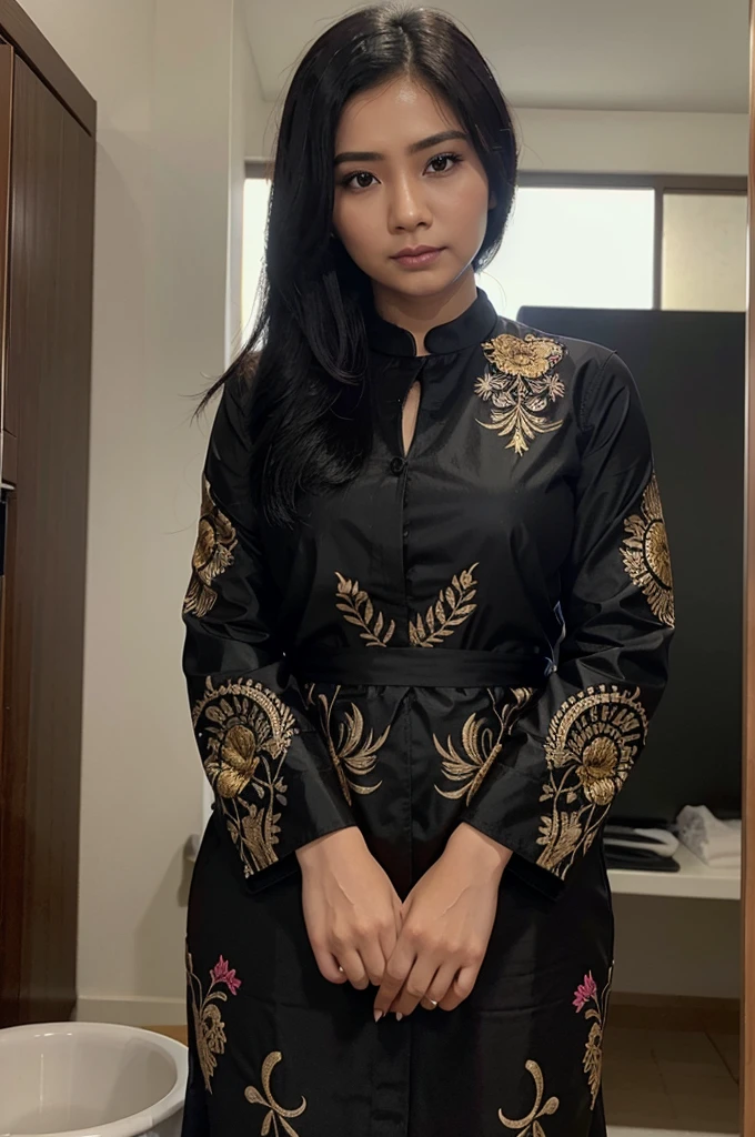 Wanita Indonesia Jawa memakai kebaya rambut hitam panjang umur 37 tahun lagi menyetrika laundry