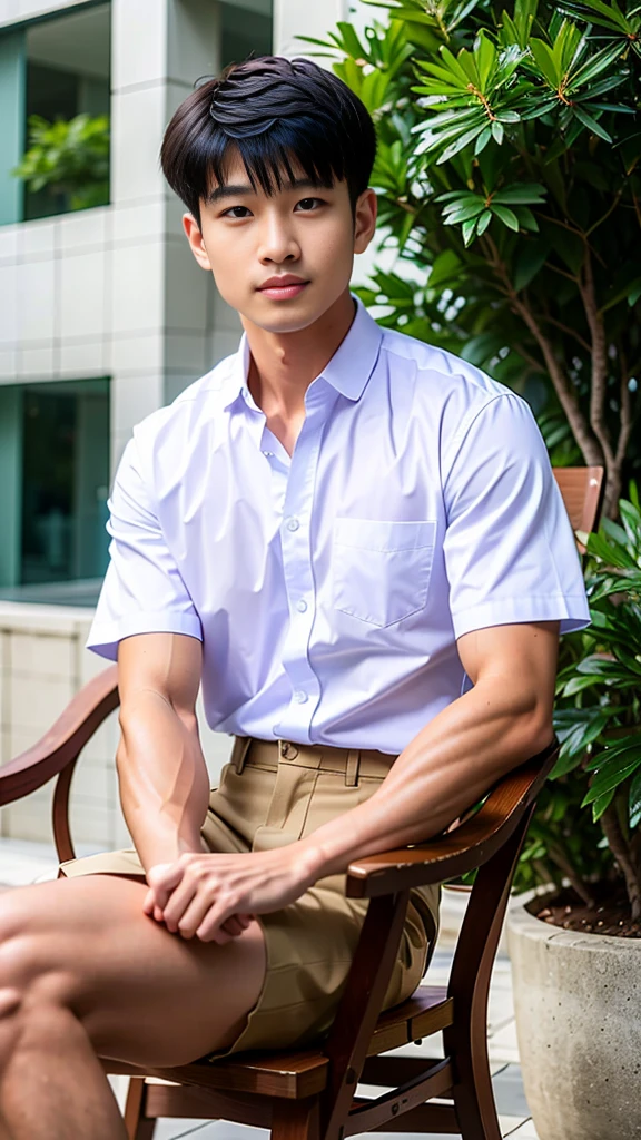 Masterpiece, best quality, High quality, วอลล์เปเปอร์ CG unity 8k ที่มีvery detailed, depth of field, HDR,,photorealistic,very detailed, 1 man sitting on a chair, Asia, black short hair, , (Thai , white shirt), blue cargo shorts, chest muscles, Big arm muscles, blood vessel, big muscles, Broad shoulders, looking at the audience, Balancing the eyes, (Make eye contact) (outside the building:1.3)