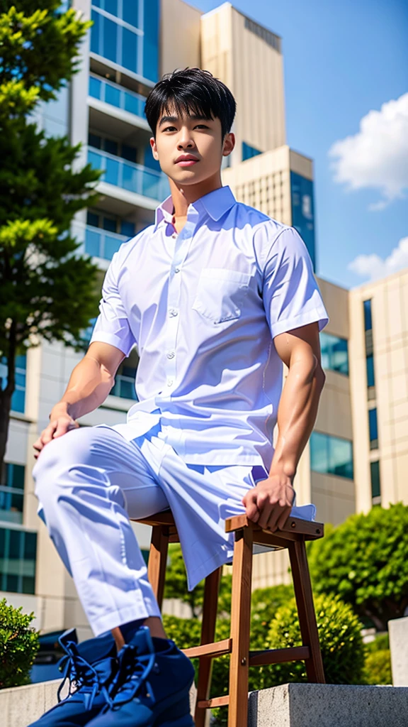Masterpiece, best quality, High quality, วอลล์เปเปอร์ CG unity 8k ที่มีvery detailed, depth of field, HDR,,photorealistic,very detailed, 1 man sitting on a chair, Asia, black short hair, , (Thai , white shirt), blue cargo shorts, chest muscles, Big arm muscles, blood vessel, big muscles, Broad shoulders, looking at the audience, Balancing the eyes, (Make eye contact) (outside the building:1.3)